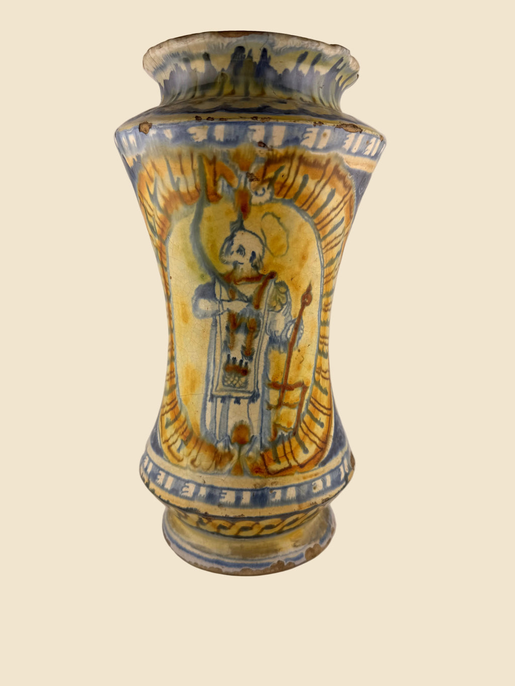 Sizilianischer Maiolica-Albarello, Caltagirone zugeschrieben, mit Darstellung eines Bischofsheiligen