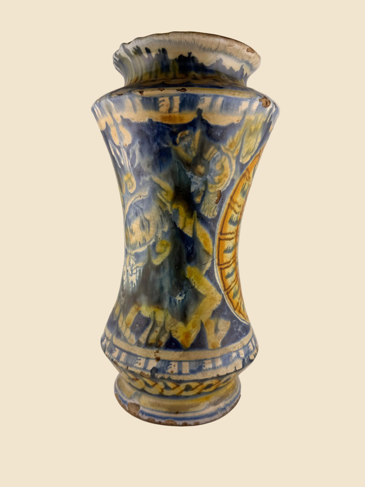 Rechte Seitenansicht des sizilianischen Maiolica-Albarello mit blau-gelb-grünem Dekor
