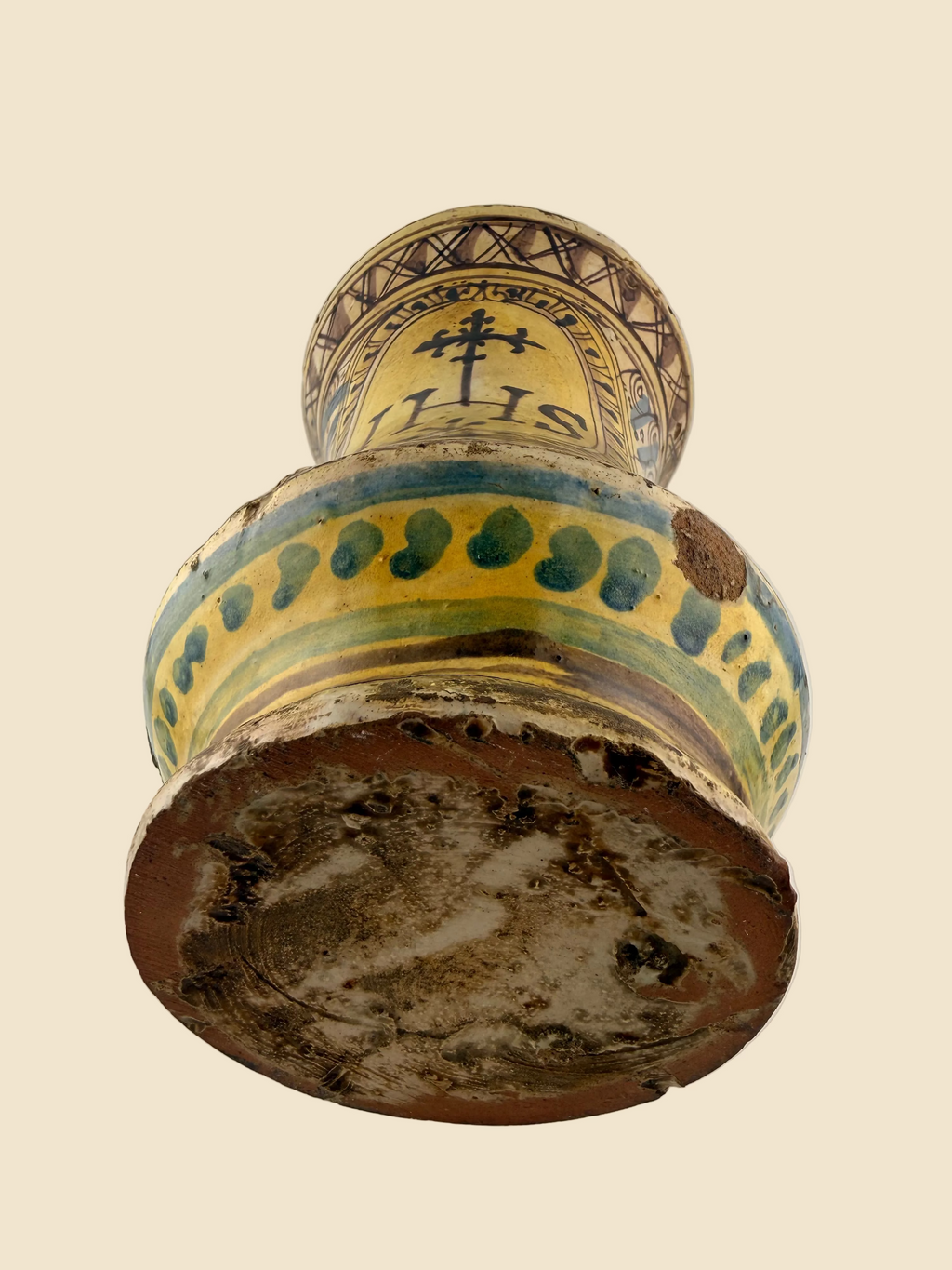 Unterseite des italienischen Maiolica-Albarello aus dem 16. Jahrhundert mit unglasiertem Standbereich