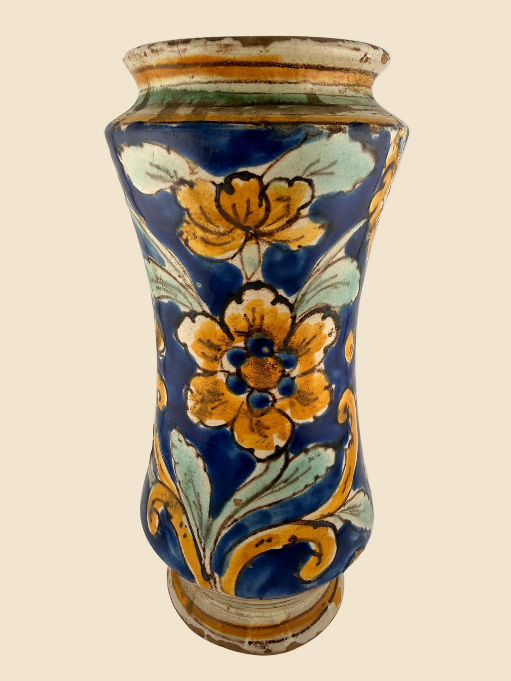 Rückansicht des italienischen Maiolica-Albarello mit floralem Blütenmotiv