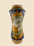 Italienischer Maiolica-Albarello des 16. Jahrhunderts mit Landschaftskartusche, Architektur und Baum