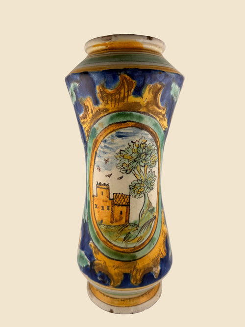Italienischer Maiolica-Albarello des 16. Jahrhunderts mit Landschaftskartusche, Architektur und Baum
