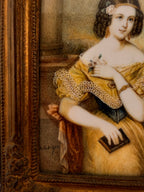 Detail der Signatur links unten auf einer antiken Biedermeier-Porzellanminiatur